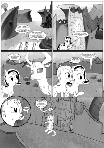 Size: 1280x1811 | Tagged: artist:hurakano, changedling, changeling, comic, derpibooru import, dialogue, grayscale, king thorax, maud pie, monochrome, my little pony: the movie, pun, safe, speech bubble, starlight glimmer, thorax, trixie, vulgar