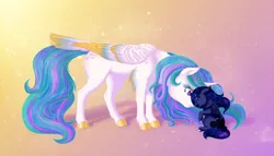 Size: 2192x1250 | Tagged: safe, artist:silverwolf866, derpibooru import, princess celestia, princess luna, alicorn, pony, blank flank, cloven hooves, colored eyelashes, colored fluff, colored wings, colored wingtips, cute, cutelestia, duo, eyes closed, female, filly, gradient background, leg fluff, lunabetes, mare, royal sisters, siblings, sisters, smiling, tail feathers, woona, younger