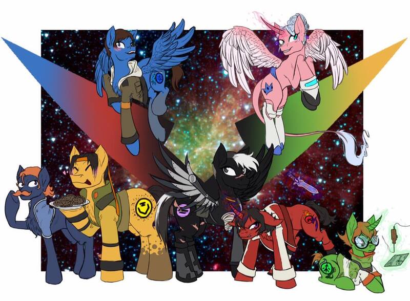 Size: 960x706 | Tagged: safe, artist:malainakanda, derpibooru import, ponified, classical unicorn, pony, amputee, augmented, cookie, coran, crossover, facial hair, food, galra dagger, hunk, katie holt, keith kogane, lance (voltron), lance mcclain, moustache, pidge gunderson, princess allura, prosthetic limb, prosthetic wing, prosthetics, shiro, takeshi shirogane, voltron legendary defender