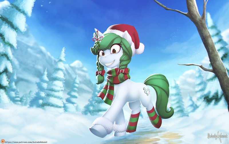 Size: 1769x1110 | Tagged: safe, artist:balade, derpibooru import, oc, oc:morning melody, unofficial characters only, pony, christmas, clothes, commission, female, forest, hat, holiday, mare, patreon, patreon logo, santa hat, scarf, smiling, snow, socks, solo, stockings, striped socks, thigh highs, tree, winter