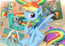 Size: 1350x945 | Tagged: safe, artist:ryuu, derpibooru import, rainbow dash, pegasus, pony, clothes, costume, cute, dashabetes, dress, element of loyalty, female, filly, filly rainbow dash, flying, gala dress, looking at you, mare, netitus, photo, rainbow dash day, rainbow power, shield, smiling, solo, younger