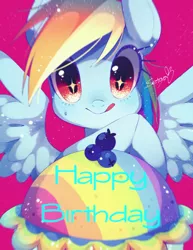 Size: 1378x1787 | Tagged: safe, artist:setoya, derpibooru import, rainbow dash, pegasus, pony, blueberry, cake, cute, female, food, happy birthday, mare, rainbow dash likes pie, simple background, smiling, solo, sparkly eyes, spread wings, tongue out, wings