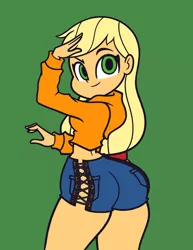 Size: 1700x2200 | Tagged: suggestive, artist:khuzang, derpibooru import, applejack, equestria girls, applebutt, ass, bottomless, breasts, clothes, commando, cute, female, jackabetes, looking at you, shorts, smiling, solo, solo female, the ass was fat, thick, thighs