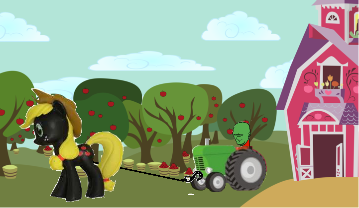 Size: 721x419 | Tagged: questionable, deleted from derpibooru, derpibooru import, edit, edited screencap, screencap, applejack, oc, oc:anon, pony, leak, spoiler:g5, /mlp/, 1000 hours in ms paint, 4chan, >pulls tractor with clit, apple, apple orchard, apple tree, applejack (g5), blackface, cable, drama, drama bait, figurine, food, funko, g5, g5 applejack drama, g5 drama, implied insertion, no context, not salmon, pulling, racism, super strength, sweet apple acres, toy, tractor, tractor pulling, tree, wat