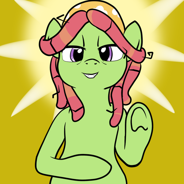 Size: 2000x2000 | Tagged: safe, artist:bennimarru, derpibooru import, tree hugger, earth pony, pony, bust, female, halo, jesus christ pose, lidded eyes, looking at you, mare, religion, smiling, solo, underhoof