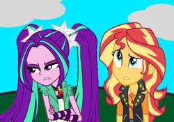 Size: 2000x1400 | Tagged: safe, artist:cloudyglow, artist:ktd1993, derpibooru import, aria blaze, sunset shimmer, equestria girls, annoyed, clothes, crossed arms, female, geode of empathy, lesbian, shipping, sunblaze