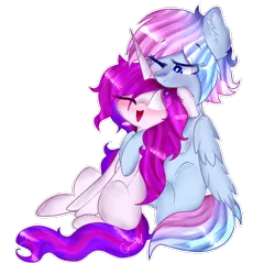 Size: 1000x955 | Tagged: safe, artist:anasflow, derpibooru import, oc, oc:anasflow maggy, oc:shining blossom, unofficial characters only, pegasus, pony, unicorn, cuddling, female, mare, simple background, transparent background, white outline