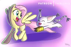 Size: 1280x853 | Tagged: safe, artist:thealjavis, derpibooru import, fluttershy, cat, gatomon, pegasus, pony, crossover, digimon, eyes closed, female, happy, mare, tailmon