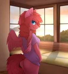 Size: 1740x1900 | Tagged: anthro, anthro oc, artist:reysi, ass, bottomless, breasts, clothes, colored pupils, derpibooru import, ear fluff, female, looking at you, looking back, looking back at you, mare, messy mane, morning ponies, oc, oc:seraphic crimson, partial nudity, pegasus, rule 63, shirt, smiling, solo, solo female, suggestive, t-shirt, unofficial characters only, window