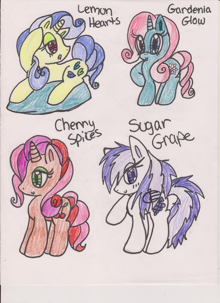 Size: 2550x3501 | Tagged: safe, artist:razzle-the-dazzle, derpibooru import, cherry spices, gardenia glow, lemon hearts, sugar grape, pegasus, pony, unicorn, g3, 2012, blind bag pony, blue eyes, blush lines, blushing, closed mouth, eyeshadow, female, folded wings, green eyes, group, image, jpeg, lidded eyes, lying down, magenta eyes, makeup, mare, pillow, prone, purple eyes, quartet, raised hoof, simple background, smiling, standing, traditional art, white background, wings