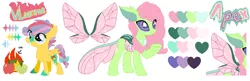 Size: 1238x400 | Tagged: safe, artist:latiapainting, derpibooru import, oc, oc:apex, oc:vlamme, unofficial characters only, changedling, changeling, pegasus, pony, changedling oc, changeling oc, cotton candy, female, filly, fluffy, friendship, pastel, reference sheet, spots, teeth