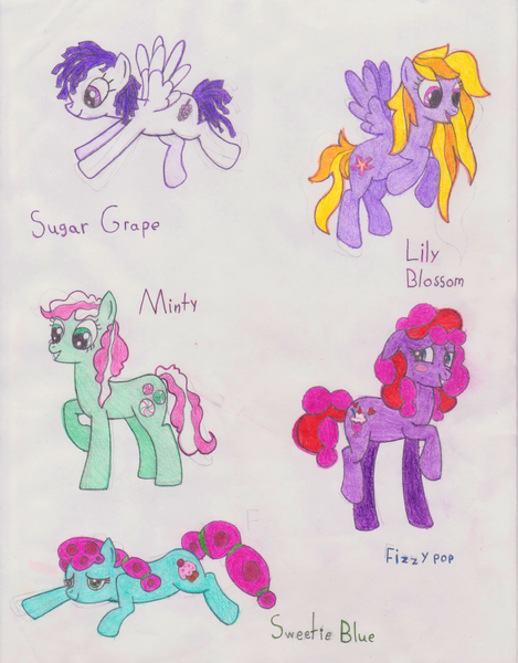 Size: 2544x3256 | Tagged: safe, artist:mellowsrule, derpibooru import, fizzypop, lily blossom, minty, sugar grape, sweetie blue, pony, traditional art