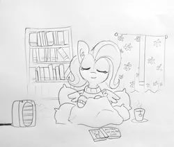 Size: 1697x1440 | Tagged: safe, artist:tjpones, derpibooru import, fluttershy, pony, bookshelf, clothes, cup, eyes closed, female, food, lineart, mare, misspelling, monochrome, sketch, smiling, solo, sweater, sweatershy, tea, teabag, teacup, traditional art