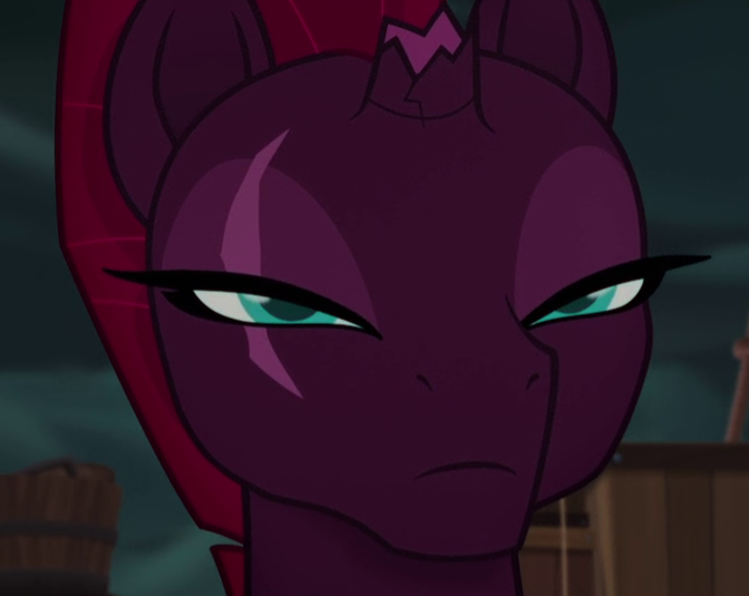 Size: 672x535 | Tagged: safe, derpibooru import, screencap, tempest shadow, pony, my little pony: the movie, airship, angry, beautiful, cargo, cloud, cloudy, cracked horn, cropped, female, frown, furious, lidded eyes, mare, mohawk, narrowed eyes, opal eyes, pirate ship, solo, squint, tempest shadow is not amused