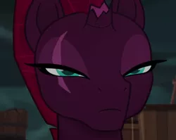 Size: 672x535 | Tagged: safe, derpibooru import, screencap, tempest shadow, pony, my little pony: the movie, airship, angry, beautiful, cargo, cloud, cloudy, cracked horn, cropped, female, frown, furious, lidded eyes, mare, mohawk, narrowed eyes, opal eyes, pirate ship, solo, squint, tempest shadow is not amused