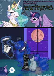 Size: 3445x4823 | Tagged: safe, artist:darkest-lunar-flower, derpibooru import, princess celestia, princess luna, twilight sparkle, twilight sparkle (alicorn), alicorn, pony, blood moon, blue moon, blushing, chocolate, chocoluna, clothes, cookies and cream, crown, crying, embarrassed, eyelashes, eyeshadow, female, food, ice cream, implied estrus, jacket, jewelry, luna is not amused, luna loves chocolate, magic, makeup, mare, menstruation, messy mane, moody, moon, necklace, pain, pants, pictogram, regalia, shirt, supermoon, that pony sure does love chocolate, unamused, window