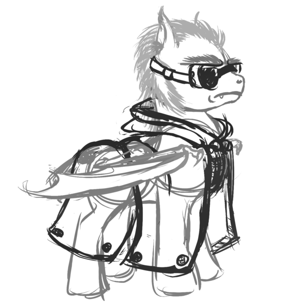 Size: 1231x1231 | Tagged: safe, artist:velgarn, derpibooru import, bat pony, pony, adventurer, bounty hunter, clothes, concept art, darkvision, goggles, leather vest, longcoat, male, monochrome, night pegasus, rpg, seeds of harmony, sketch, solo