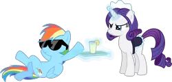 Size: 15049x7215 | Tagged: safe, artist:deyrasd, derpibooru import, rainbow dash, rarity, pony, absurd resolution, alternate hairstyle, clothes, juice, magic, maid, simple background, sunglasses, transparent background, tray, vector