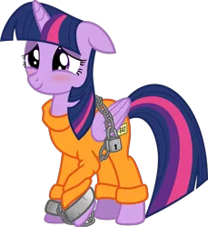 Size: 5265x5753 | Tagged: safe, artist:deyrasd, derpibooru import, twilight sparkle, twilight sparkle (alicorn), alicorn, pony, absurd resolution, blushing, bound wings, chains, clothes, cuffs, padlock, prison outfit, prisoner ts, simple background, solo, transparent background, vector