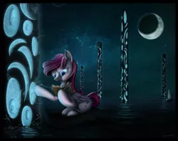 Size: 2397x1900 | Tagged: safe, artist:konsumo, derpibooru import, oc, unofficial characters only, pony, book, concept, detailed, digital, high res, journal, magic, moon, night, ocean, pillar, solo, stars, water