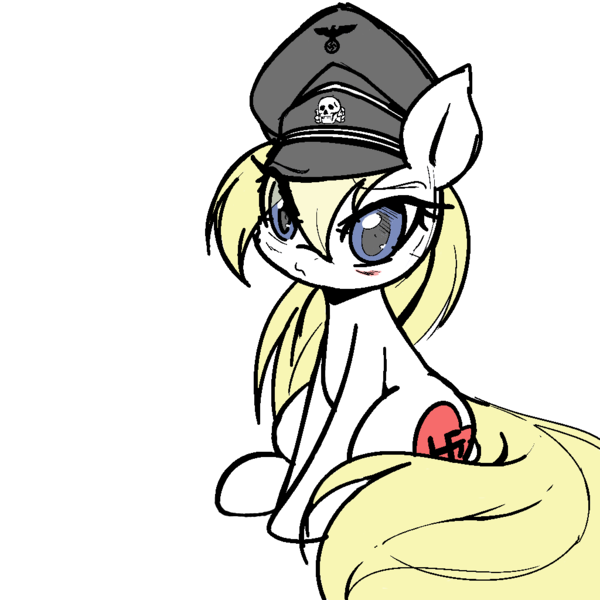 Size: 1024x1024 | Tagged: safe, artist:luzion, artist:randy, color edit, derpibooru import, edit, oc, oc:aryanne, unofficial characters only, earth pony, pony, aryan, aryan pony, aryanbetes, colored, cute, female, hat, looking at you, mare, nazi, nazipone, pouty, reichsadler, simple background, sitting, sketch, swastika, totenkopf, transparent background