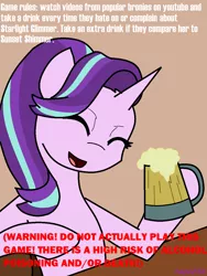 Size: 960x1280 | Tagged: safe, artist:hayley566, derpibooru import, starlight glimmer, pony, unicorn, cider, drama, drinking game, female, mare, ms paint, mug, smiling, starlight drama, starlight drama drama, tankard, text