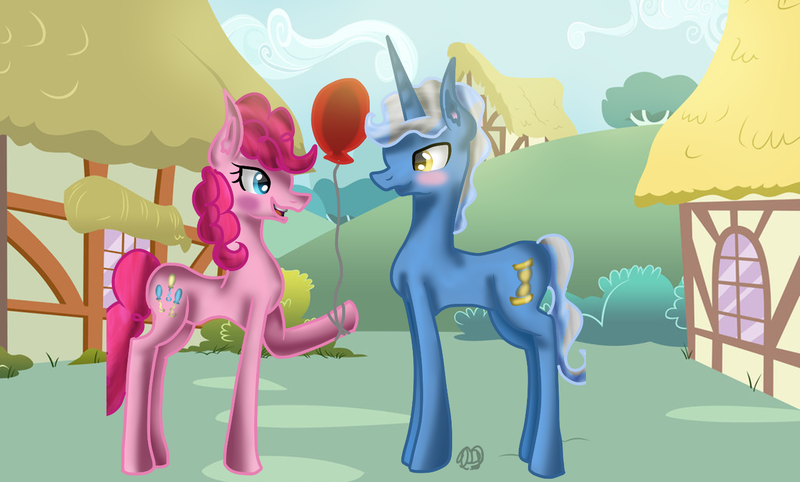 Size: 1465x882 | Tagged: safe, artist:commandereclipse, derpibooru import, pinkie pie, pokey pierce, pony, balloon, female, male, pokeypie, shipping, straight