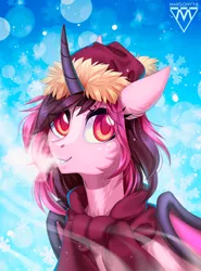 Size: 740x1000 | Tagged: safe, artist:margony, derpibooru import, oc, oc:battica, unofficial characters only, pony, unicorn, breath, clothes, commission, female, hat, looking at you, mare, red eyes, signature, snow, solo, winter, ych result
