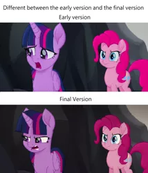 Size: 966x1128 | Tagged: alicorn, angry, basalt beach, comparison, concerned, derpibooru import, duo, my little pony: the movie, pinkie pie, safe, screencap, twilight sparkle, twilight sparkle (alicorn)