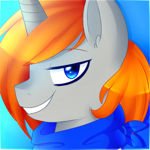 Size: 500x500 | Tagged: safe, artist:cammyshypai, derpibooru import, oc, oc:disterious, unofficial characters only, pony, unicorn, bandana, blue eyes, horn, icon, male, orange mane, simple background, smiling, smirk, solo, stallion