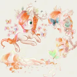 Size: 900x900 | Tagged: safe, artist:pinkablue, derpibooru import, oc, oc:flowering, unofficial characters only, butterfly, pony, eyes closed, flower, flower in hair, happy, one eye closed, petals, solo, wink