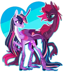 Size: 600x680 | Tagged: safe, artist:creeate97, derpibooru import, tempest shadow, twilight sparkle, twilight sparkle (alicorn), alicorn, classical unicorn, pony, unicorn, my little pony: the movie, abstract background, alternate design, broken horn, cloven hooves, colored hooves, cutie mark, duo, duo female, eye scar, female, heart, heart background, horn, leonine tail, lesbian, looking at each other, looking back, mare, raised hoof, scar, shipping, simple background, tempestlight, transparent background, unshorn fetlocks, wings