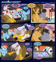 Size: 1164x1291 | Tagged: safe, artist:sorcerushorserus, derpibooru import, gilda, hoops, quarterback, rainbow dash, gryphon, pegasus, pony, comic:dash academy, air hockey, basement, comic, couch, female, male, mare, photo, stallion