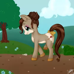 Size: 3600x3600 | Tagged: safe, artist:oneoddlady, deleted from derpibooru, derpibooru import, oc, oc:cookie dough, unofficial characters only, pony, baker, bow, bun, cute, female, high res, hooves, mare, ponysona, ponytail, ribbon, solo, spatula, tail bow, tree, walking