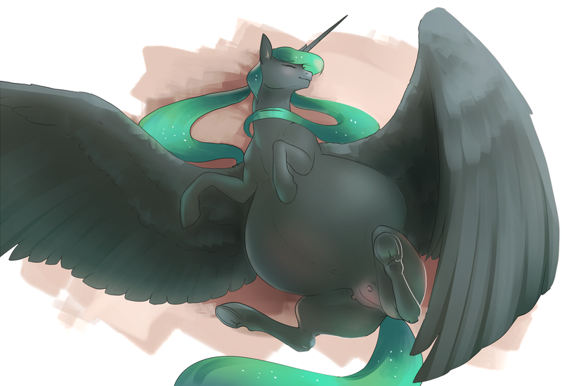 Size: 3007x2063 | Tagged: questionable, artist:nsfwbonbon, derpibooru import, oc, oc:boundless, unofficial characters only, alicorn, pony, fallout equestria, fanfic, alicorn oc, artificial alicorn, belly, belly button, big belly, crotchboobs, eyes closed, fanfic art, female, green alicorn (fo:e), hooves, horn, lying down, mare, nipples, nudity, on back, pregnant, solo, solo female, spread wings, teats, wings