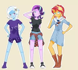 Size: 3281x2950 | Tagged: safe, artist:noahther, derpibooru import, starlight glimmer, sunset shimmer, trixie, equestria girls, beanie, boots, clothes, converse, counterparts, hat, legs, looking at you, magical trio, new outfit, one eye closed, shirt, shoes, shorts, simple background, smiling, sneakers, trio, twilight's counterparts, wink