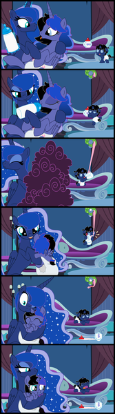 Size: 4096x14750 | Tagged: questionable, artist:evilfrenzy, derpibooru import, princess luna, oc, oc:cruithne, oc:frenzy, alicorn, chameleon, lizard, pony, absurd resolution, age regression, alicorn oc, baby, baby bottle, baby pony, bottle, comic, crying, cup, diaper, diaper fetish, feeding, fetish, milk, offspring, parent:oc:frenzy, parent:princess luna, parents:canon x oc, sippy cup, spilled, starry eyes, wingding eyes