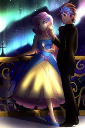 Size: 640x962 | Tagged: safe, artist:jonfawkes, derpibooru import, fluttershy, oc, human, canon x oc, canterlot castle, clothes, commission, dress, duo, gala dress, glass, grand galloping gala, humanized, night, romantic, smiling, starry night, stars, suit, wine glass