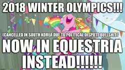 Size: 1280x720 | Tagged: safe, derpibooru import, edit, edited screencap, screencap, pinkie pie, pony, rainbow falls, cheerleader, cheerleader pinkie, image macro, meme, politics, pyeongchang, shitposting, south korea, vulgar, winter olympics