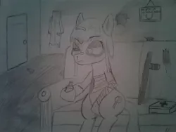 Size: 2576x1932 | Tagged: safe, artist:unreliable narrator, derpibooru import, oc, oc:noir avery gumshoe, unofficial characters only, pony, alcohol, bandage, bruised, couch, female, first aid kit, nightstick, roach, solo, traditional art, whiskey