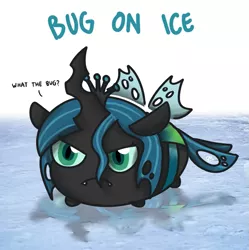 Size: 1019x1024 | Tagged: safe, artist:sugar morning, derpibooru import, queen chrysalis, changeling, changeling queen, insect, angry eyes, blob, chibi, chubbie, cute, cutealis, dialogue, fangs, female, funny, ice, meme, reflection, simple background, solo, weird