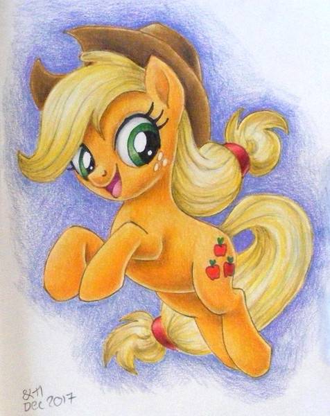 Size: 800x1008 | Tagged: safe, artist:andpie, derpibooru import, applejack, earth pony, pony, colored pencil drawing, cowboy hat, female, hat, looking at you, mare, simple background, solo, traditional art