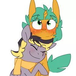 Size: 1280x1280 | Tagged: safe, artist:kryptchild, derpibooru import, snails, oc, oc:aero, pegasus, pony, aeroshell, blushing, canon x oc, clothes, colt, cute, gay, glitter shell, hug, male, offspring, offspring shipping, parent:derpy hooves, parent:oc:warden, parents:canon x oc, parents:warderp, scarf, shipping, simple background, smiling, snuggling, white background