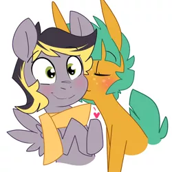Size: 1280x1280 | Tagged: safe, artist:kryptchild, derpibooru import, snails, oc, oc:aero, pegasus, pony, aeroshell, canon x oc, clothes, colt, cute, gay, glitter shell, heart, hug, kiss on the cheek, kissing, male, offspring, offspring shipping, parent:derpy hooves, parent:oc:warden, parents:canon x oc, parents:warderp, scarf, shipping, simple background, smiling, white background