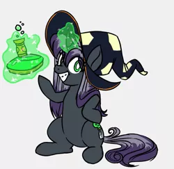 Size: 515x500 | Tagged: safe, artist:robiinart, derpibooru import, oc, oc:clairvoyance, unofficial characters only, pony, glowing horn, grin, hat, magic, potion, simple background, smiling, telekinesis, white background, witch, witch hat