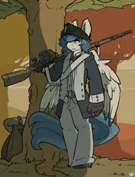 Size: 984x1283 | Tagged: american revolution, anthro, artist:bbsartboutique, clothes, derpibooru import, gun, hat, hippogriff, minuteman, oc, oc:delta dart, rifle, safe, solo, talons, tree, uniform, unofficial characters only, weapon