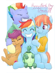 Size: 1536x2048 | Tagged: safe, artist:gamijack, derpibooru import, bow hothoof, rainbow dash, scootaloo, tank, windy whistles, tortoise, blushing, chest fluff, cute, dashabetes, eyes closed, family, rainbow dash day, scootalove, smiling