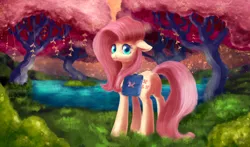 Size: 1700x1000 | Tagged: safe, artist:dumddeer, derpibooru import, fluttershy, pony, female, forest, looking at you, saddle bag, scenery, solo, tree, water