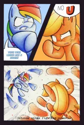 Size: 2211x3271 | Tagged: safe, artist:mustachedbain, derpibooru import, applejack, rainbow dash, earth pony, pegasus, pony, anime, atatatatata, comic, descriptive noise, dialogue, female, fight, insult, mare, muda, no u, oraoraoraoraoraoraoraoraora, punch, traditional art