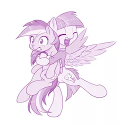 Size: 800x842 | Tagged: safe, artist:dstears, derpibooru import, rainbow dash, windy whistles, pegasus, pony, bear hug, bipedal, cute, dashabetes, duo, eyes closed, female, hug, mare, monochrome, mother and daughter, open mouth, purple, simple background, spread wings, white background, windybetes, wings
